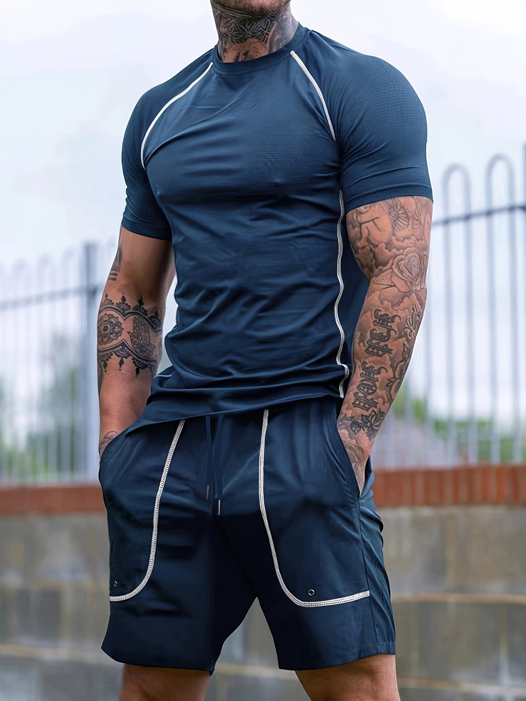 2-Piece Men's Solid Summer Workout Co-ord Set - Quick-Drying, Breathable, Crew Neck T-Shirt & Drawstring Shorts with Pockets, Moisture-Wicking, Lightweight, Comfortable, Perfect for Fitness, Gym, Running, Outdoor Activities