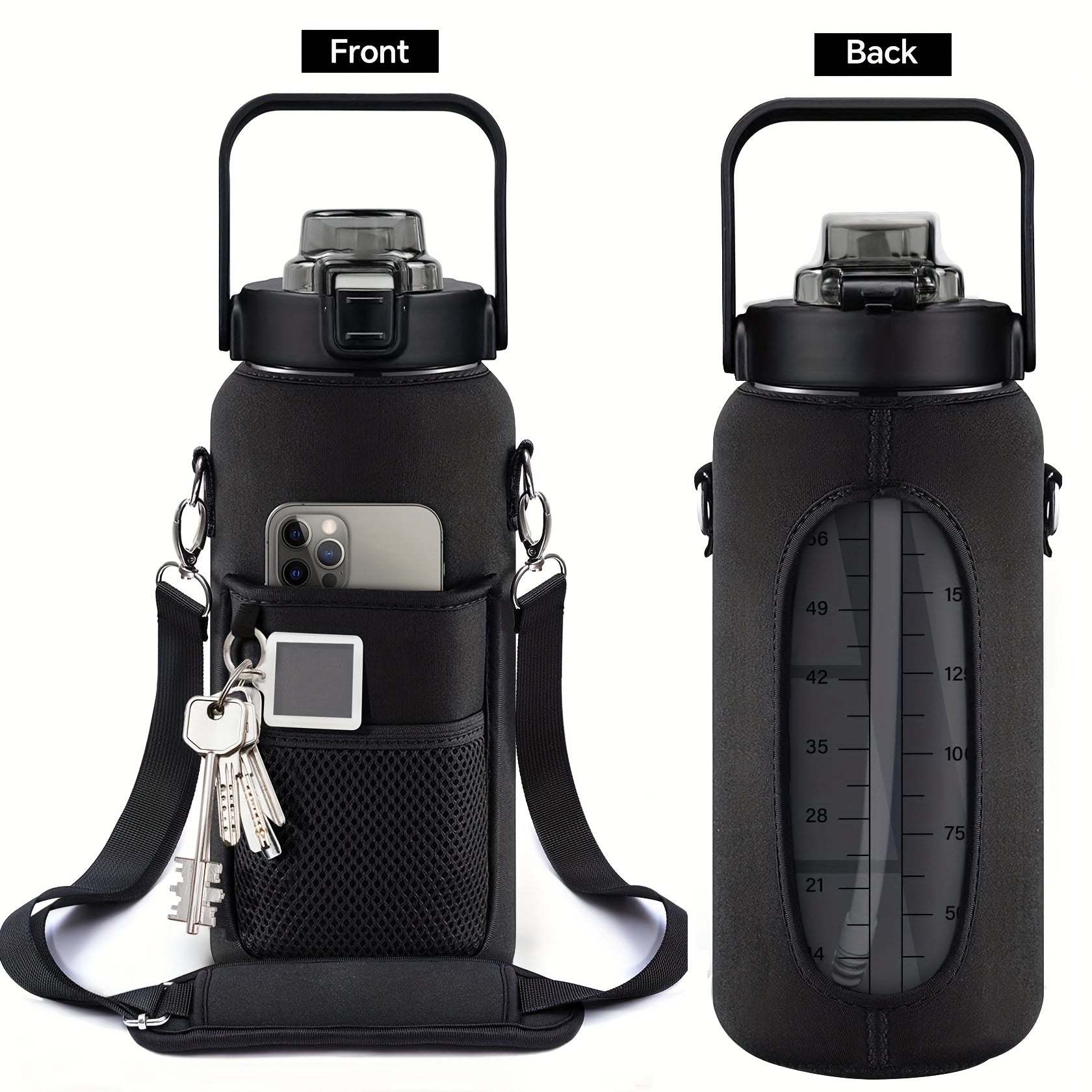 Water Bottle with Sleeve,2L,eaturing a Motivational Design with Straw and Time Stamp.  Sports Bottle for Drinking, Reusable with Insulated Neoprene, a Large Water Jug for Daily Hydrati
