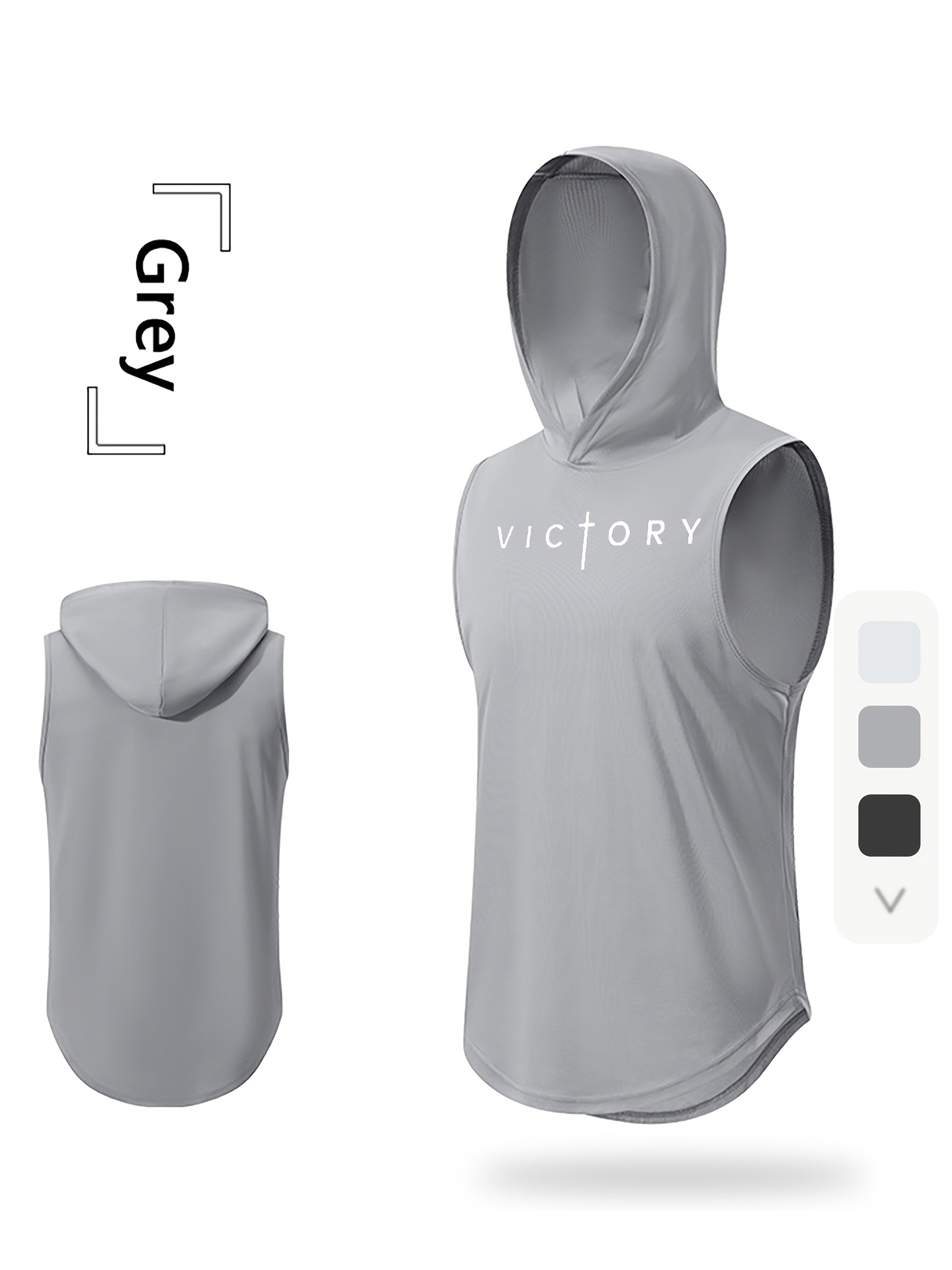 Men'S "Victory" Print Athletic Tank Top - Sleeveless, Breathable & Moisture-Wicking Hooded Vest for Gym, Cycling, Outdoor Sports, Basketball & More - Light Gray, Gym Wear | Hooded Vest | Moisturewicking Fabri