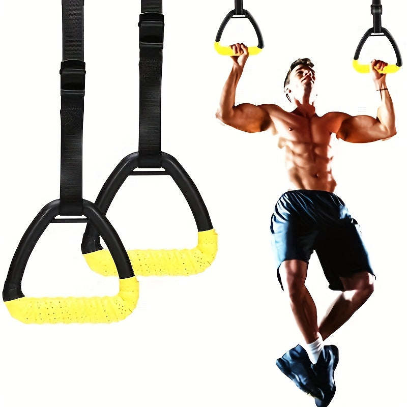 2pcs PUMPMUSCLE Gymnastic Rings, Black, Non-Slip, Adjustable Straps, Iron and PA (Polyamide, Nylon), with 2pcs Yellow Tape, for Universal Strength Training, Pull-Ups, Gym Workout & Outdoor Training, Without Battery
