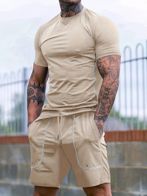2-Piece Men's Solid Summer Workout Co-ord Set - Quick-Drying, Breathable, Crew Neck T-Shirt & Drawstring Shorts with Pockets, Moisture-Wicking, Lightweight, Comfortable, Perfect for Fitness, Gym, Running, Outdoor Activities