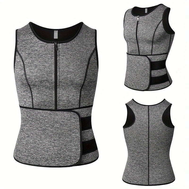 Slim Athletic Mid Stretch Compression Vest - Men's Zip Up Waist Trainer Body Shaper Tank Top For Workout Fitness Gym