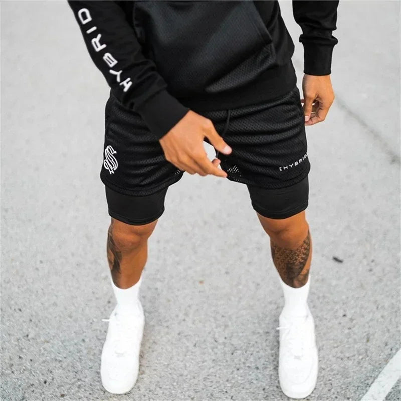Men's 2-in-1 Mesh Running Shorts – Double-Deck Gym Fitness Short Pants