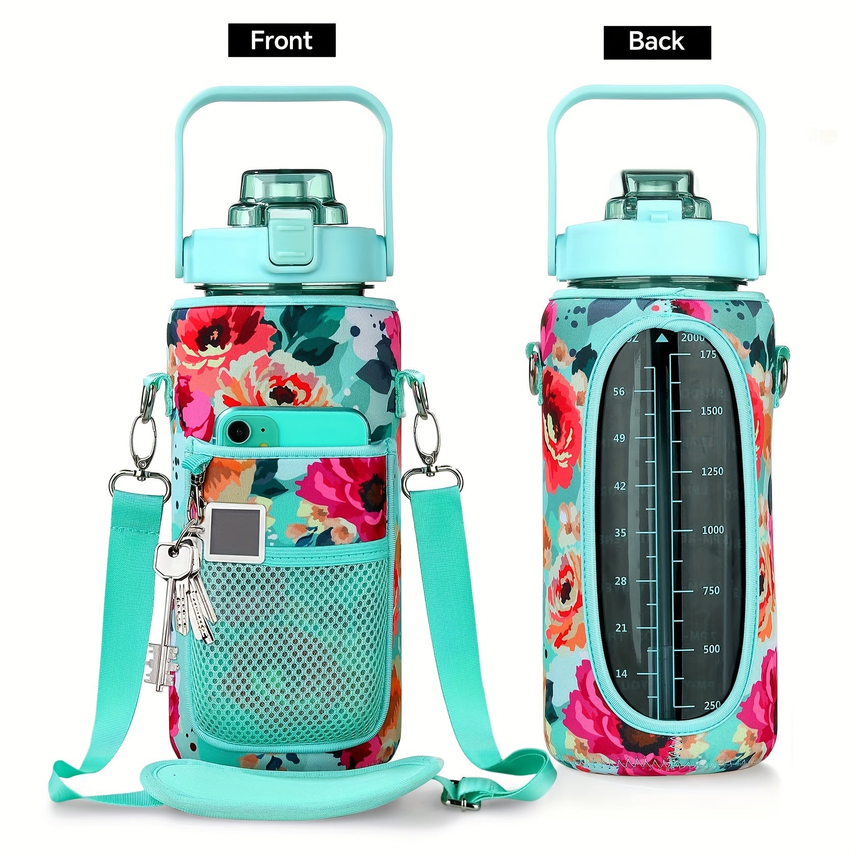 Water Bottle with Sleeve,2L,eaturing a Motivational Design with Straw and Time Stamp.  Sports Bottle for Drinking, Reusable with Insulated Neoprene, a Large Water Jug for Daily Hydrati
