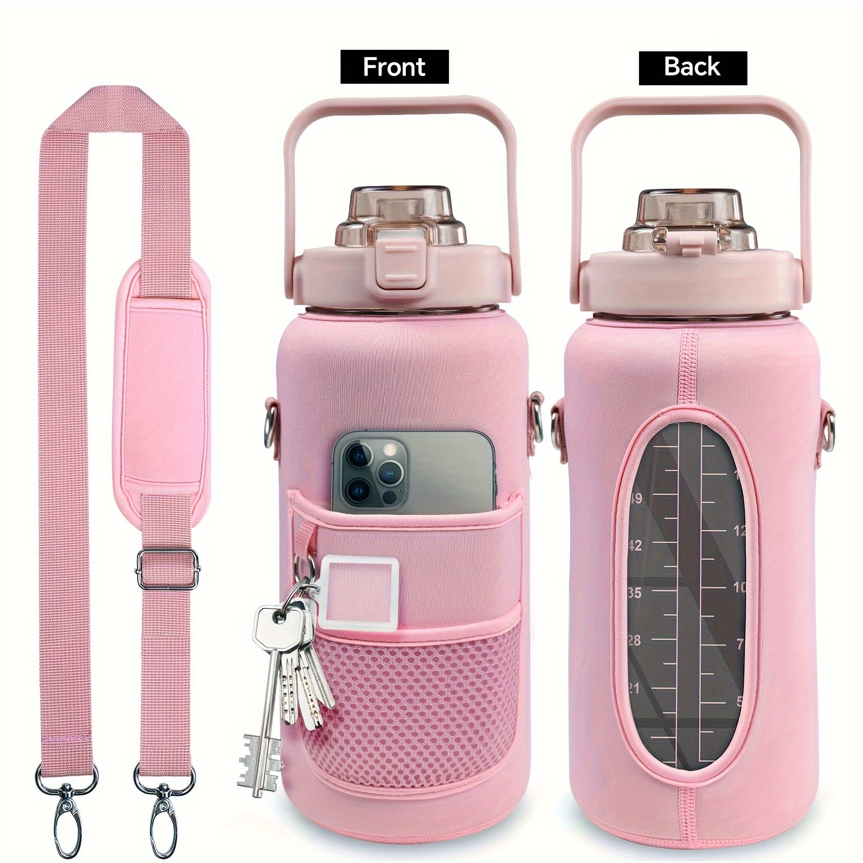 Water Bottle with Sleeve,2L,eaturing a Motivational Design with Straw and Time Stamp.  Sports Bottle for Drinking, Reusable with Insulated Neoprene, a Large Water Jug for Daily Hydrati