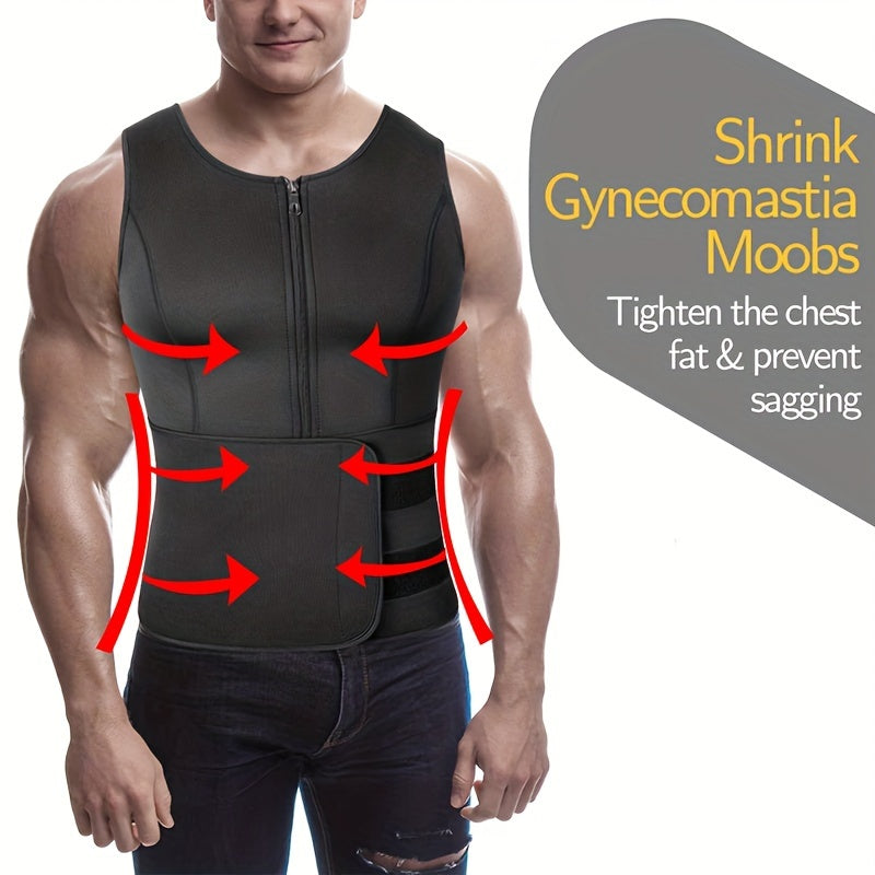 Slim Athletic Mid Stretch Compression Vest - Men's Zip Up Waist Trainer Body Shaper Tank Top For Workout Fitness Gym