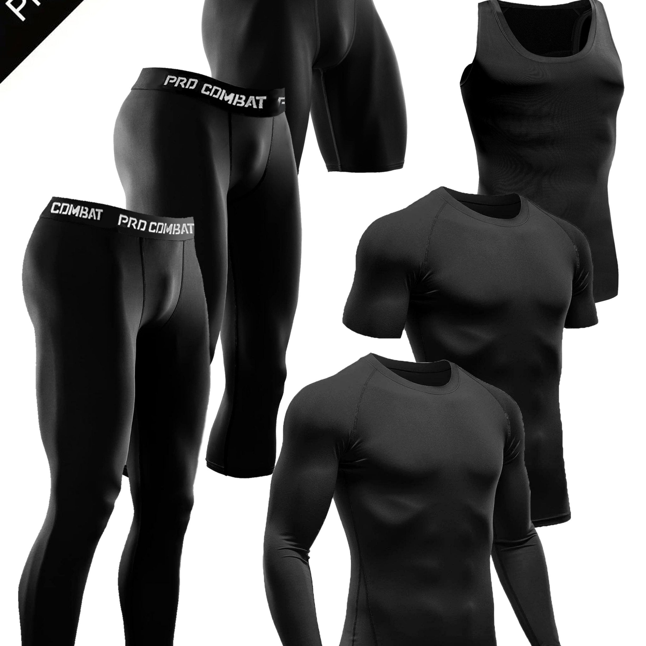 Six-Piece Mens Fitness Outfit Set - Ultra-Stretchy, Compression, Long-Sleeve, Short-Sleeve, Tank Top, Leggings, Tight Cropped Pants, and Shorts - Comprehensive Gym Fitness Wardrobe Essentials