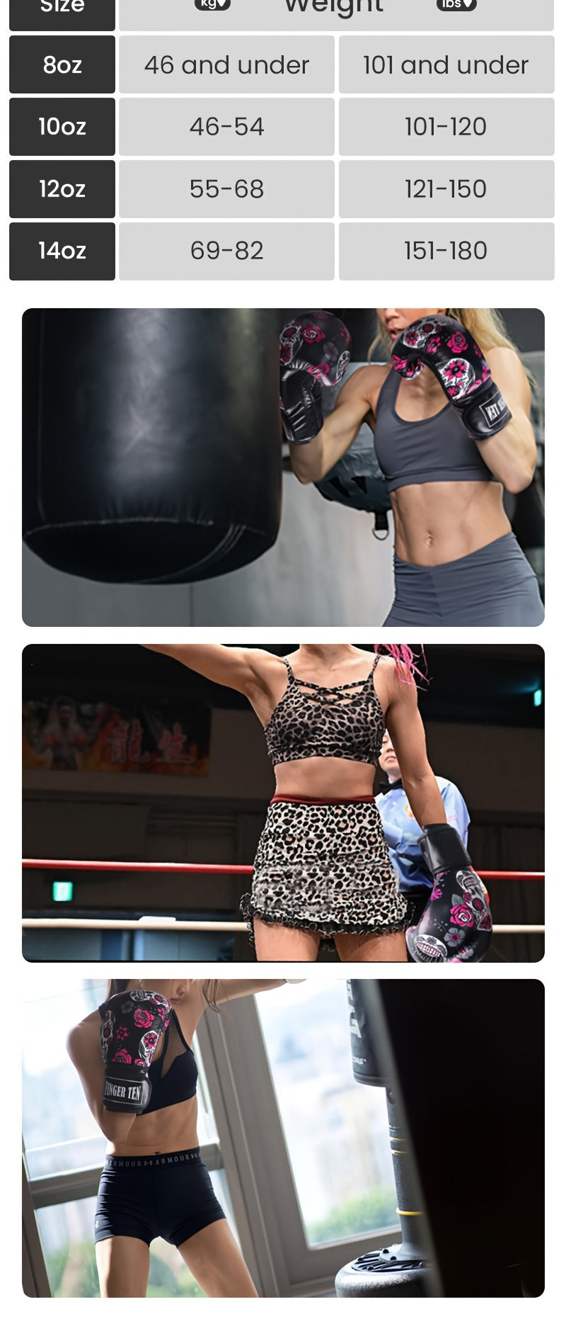 FINGER TEN Boxing Gloves Women Punching Sparring Kickboxing MMA Training Heavy Bag Glove Black Leather 8 10 12 14 oz for Womens