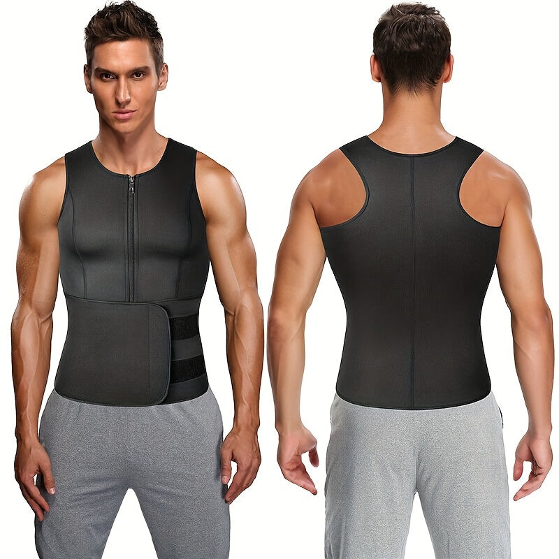 Slim Athletic Mid Stretch Compression Vest - Men's Zip Up Waist Trainer Body Shaper Tank Top For Workout Fitness Gym