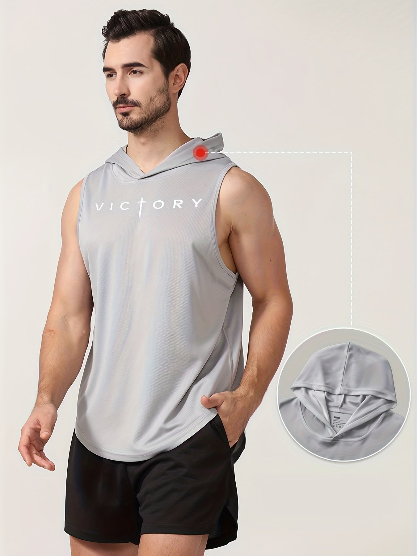Men'S "Victory" Print Athletic Tank Top - Sleeveless, Breathable & Moisture-Wicking Hooded Vest for Gym, Cycling, Outdoor Sports, Basketball & More - Light Gray, Gym Wear | Hooded Vest | Moisturewicking Fabri