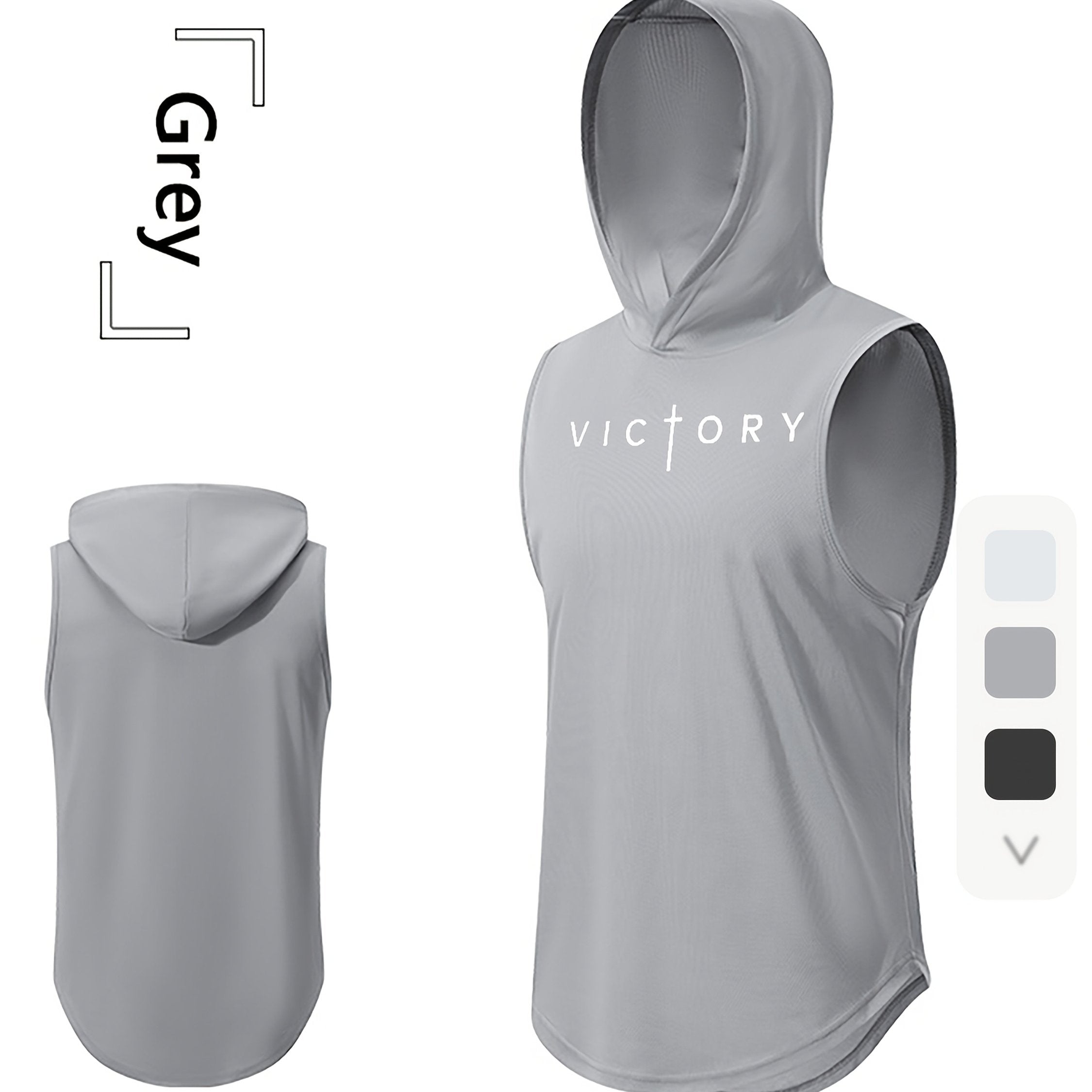 Men'S "Victory" Print Athletic Tank Top - Sleeveless, Breathable & Moisture-Wicking Hooded Vest for Gym, Cycling, Outdoor Sports, Basketball & More - Light Gray, Gym Wear | Hooded Vest | Moisturewicking Fabri