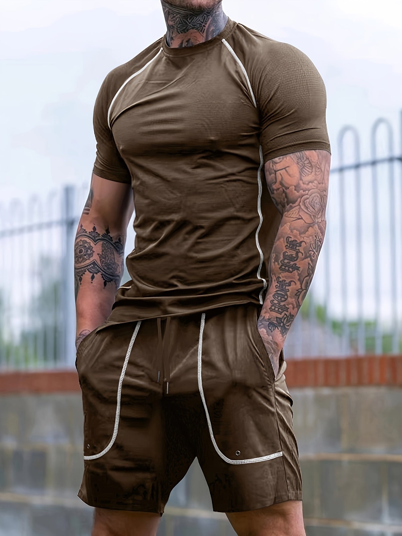 2-Piece Men's Solid Summer Workout Co-ord Set - Quick-Drying, Breathable, Crew Neck T-Shirt & Drawstring Shorts with Pockets, Moisture-Wicking, Lightweight, Comfortable, Perfect for Fitness, Gym, Running, Outdoor Activities