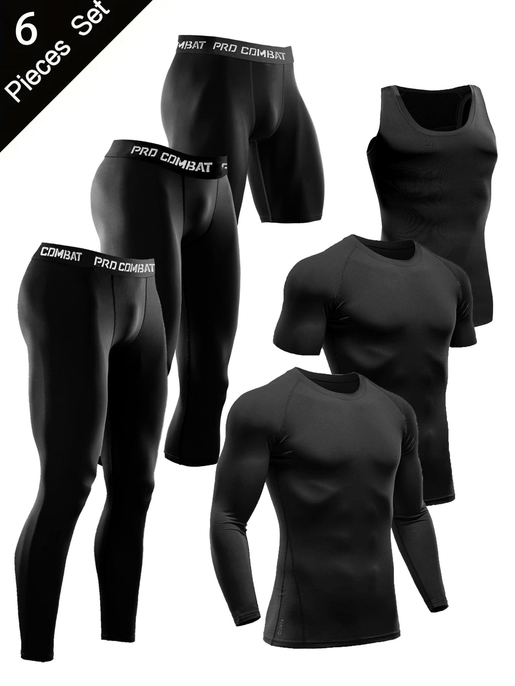 Six-Piece Mens Fitness Outfit Set - Ultra-Stretchy, Compression, Long-Sleeve, Short-Sleeve, Tank Top, Leggings, Tight Cropped Pants, and Shorts - Comprehensive Gym Fitness Wardrobe Essentials