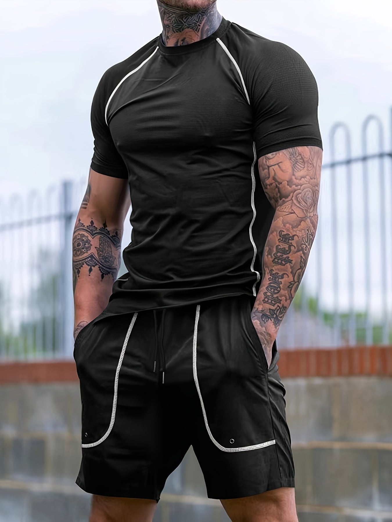 2-Piece Men's Solid Summer Workout Co-ord Set - Quick-Drying, Breathable, Crew Neck T-Shirt & Drawstring Shorts with Pockets, Moisture-Wicking, Lightweight, Comfortable, Perfect for Fitness, Gym, Running, Outdoor Activities