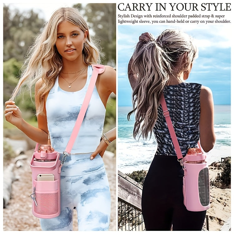 Water Bottle with Sleeve,2L,eaturing a Motivational Design with Straw and Time Stamp.  Sports Bottle for Drinking, Reusable with Insulated Neoprene, a Large Water Jug for Daily Hydrati