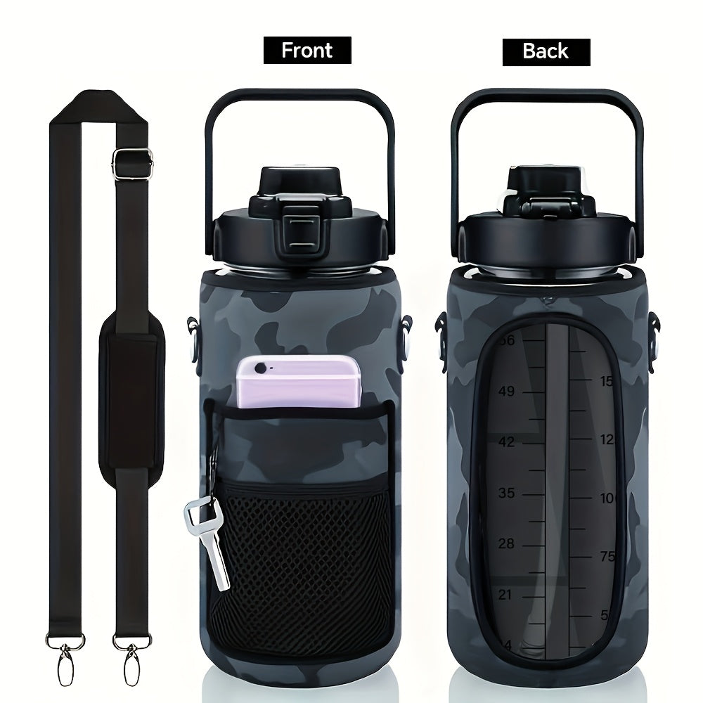 Water Bottle with Sleeve,2L,eaturing a Motivational Design with Straw and Time Stamp.  Sports Bottle for Drinking, Reusable with Insulated Neoprene, a Large Water Jug for Daily Hydrati