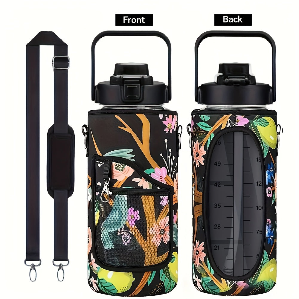 Water Bottle with Sleeve,2L,eaturing a Motivational Design with Straw and Time Stamp.  Sports Bottle for Drinking, Reusable with Insulated Neoprene, a Large Water Jug for Daily Hydrati