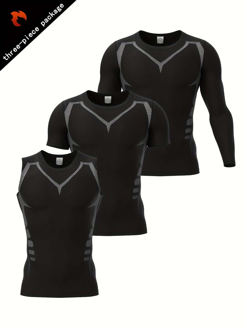 3-piece Men's Gym And Fitness Outfit Set, Men's Tight Active Tank Top + Short Sleeve Round Neck Compression T-shirt + Long Sleeve Quick Drying Top