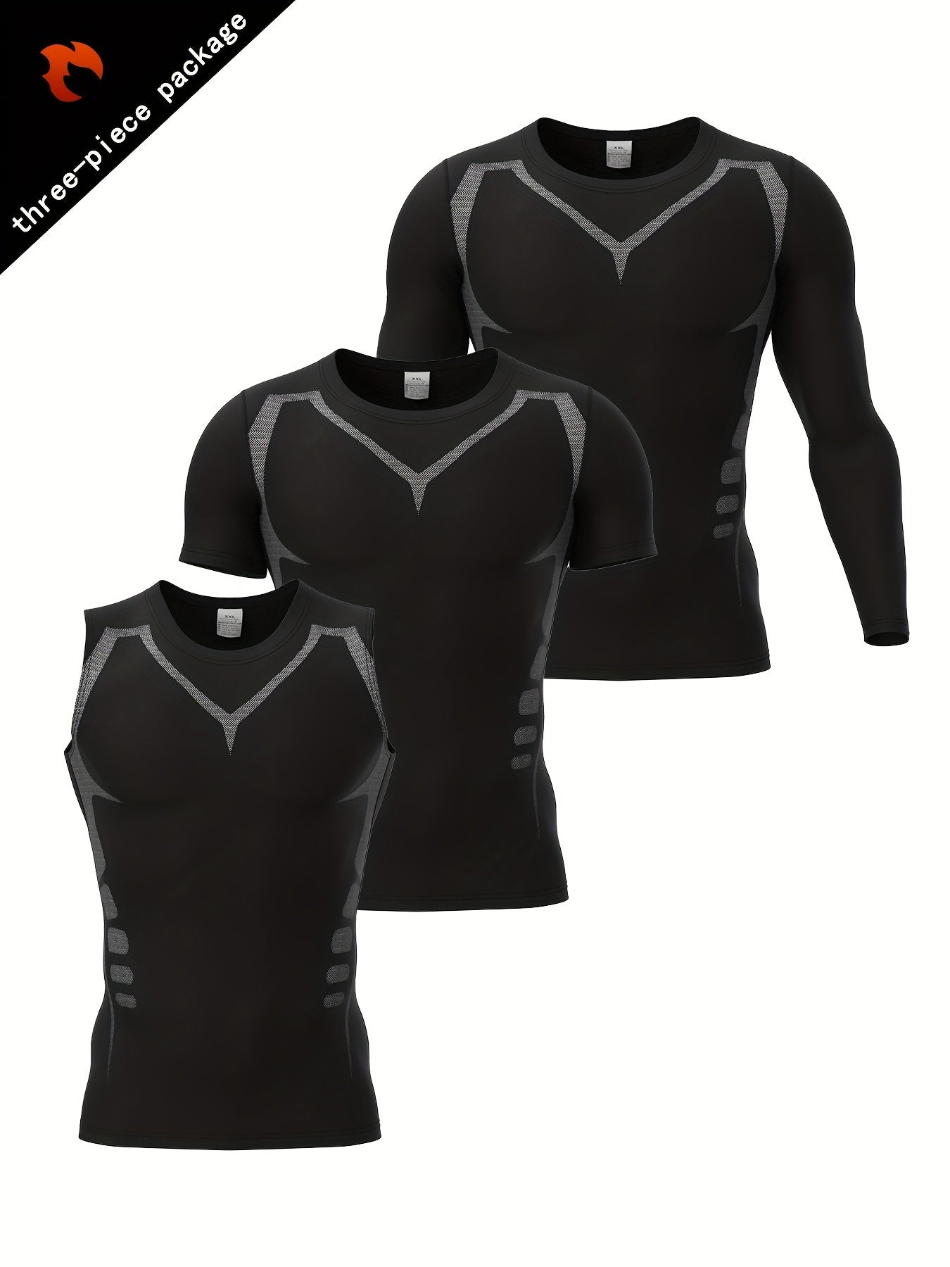 3-piece Men's Gym And Fitness Outfit Set, Men's Tight Active Tank Top + Short Sleeve Round Neck Compression T-shirt + Long Sleeve Quick Drying Top