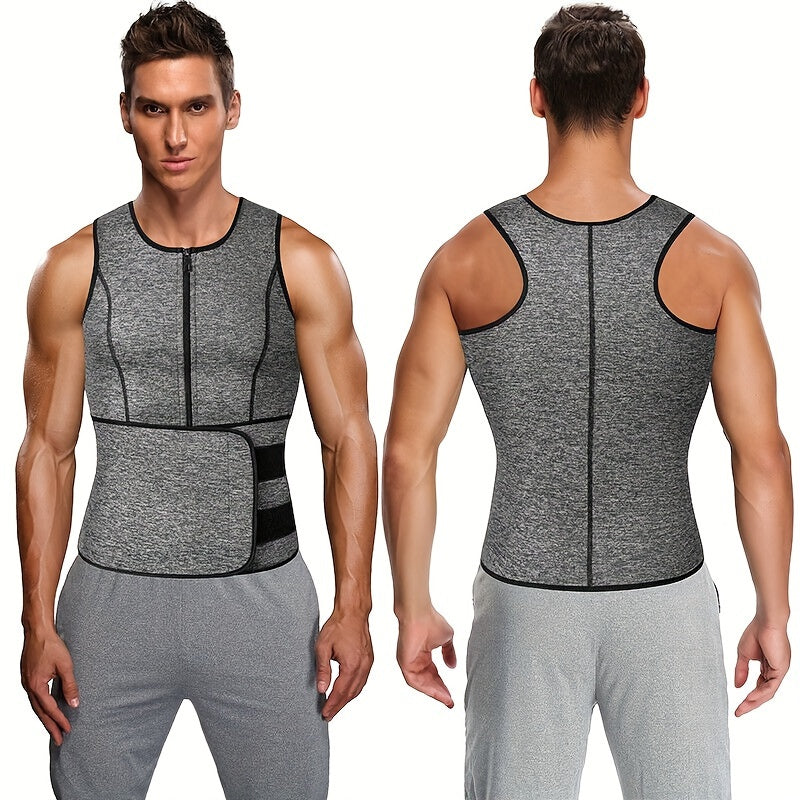 Slim Athletic Mid Stretch Compression Vest - Men's Zip Up Waist Trainer Body Shaper Tank Top For Workout Fitness Gym