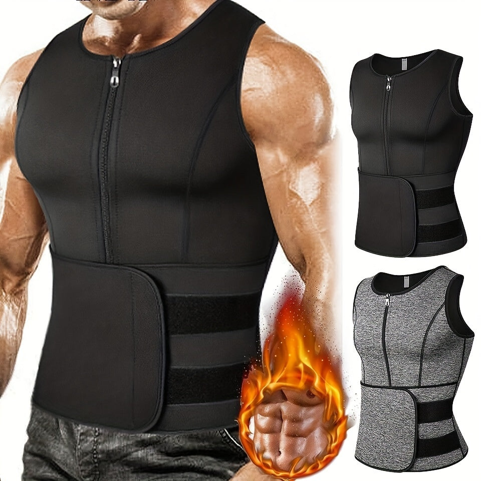 Slim Athletic Mid Stretch Compression Vest - Men's Zip Up Waist Trainer Body Shaper Tank Top For Workout Fitness Gym