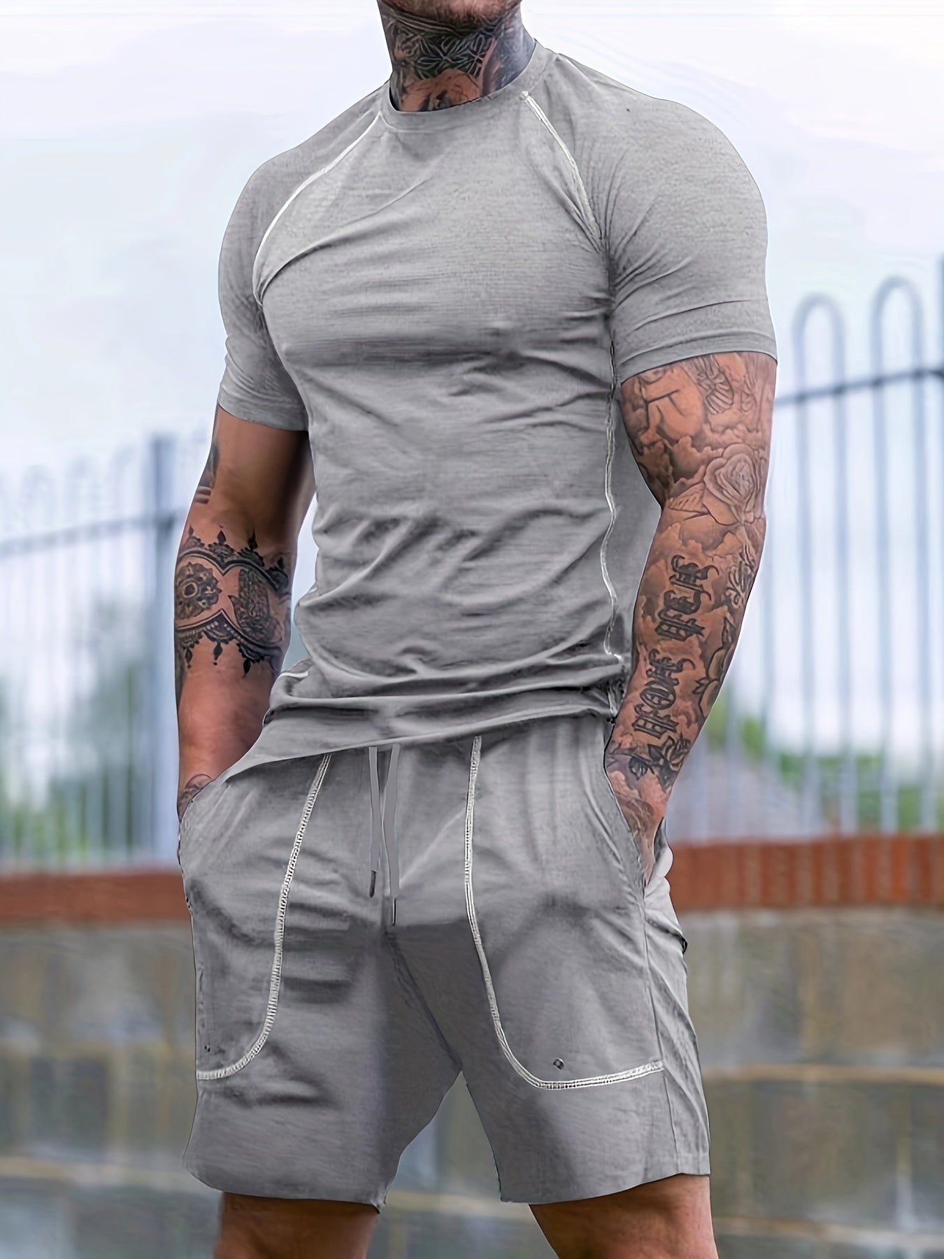 2-Piece Men's Solid Summer Workout Co-ord Set - Quick-Drying, Breathable, Crew Neck T-Shirt & Drawstring Shorts with Pockets, Moisture-Wicking, Lightweight, Comfortable, Perfect for Fitness, Gym, Running, Outdoor Activities