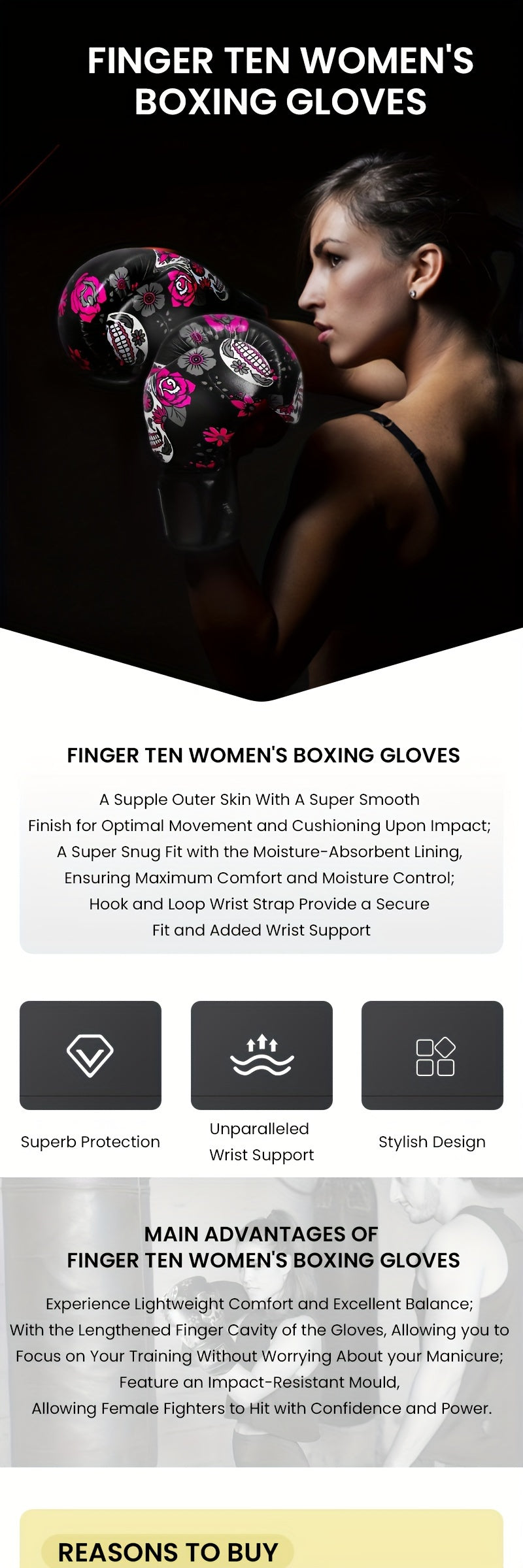 FINGER TEN Boxing Gloves Women Punching Sparring Kickboxing MMA Training Heavy Bag Glove Black Leather 8 10 12 14 oz for Womens