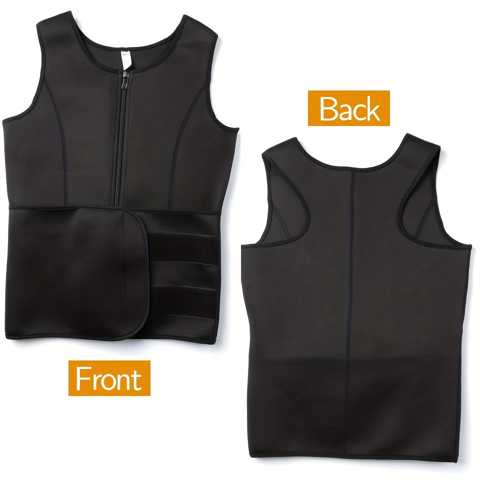 Slim Athletic Mid Stretch Compression Vest - Men's Zip Up Waist Trainer Body Shaper Tank Top For Workout Fitness Gym