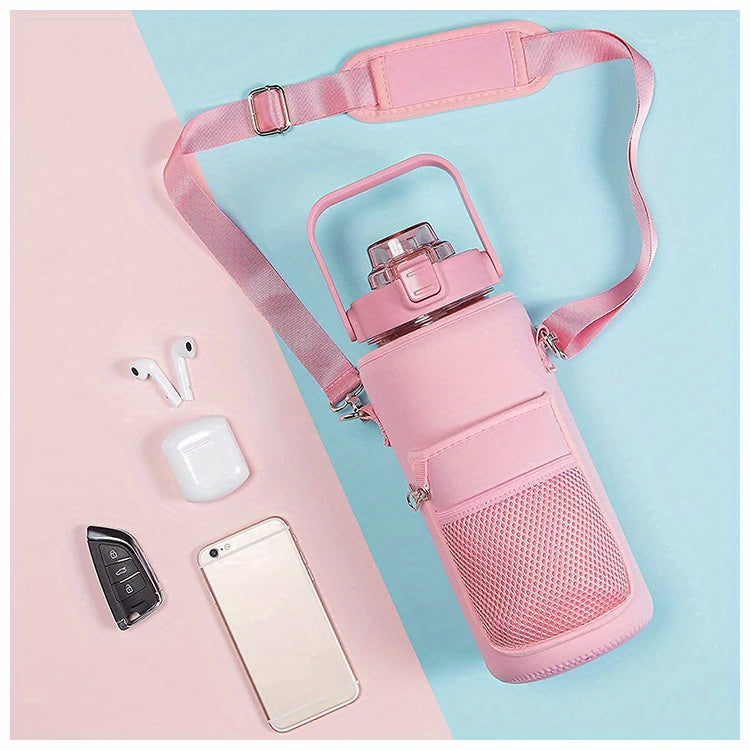 Water Bottle with Sleeve,2L,eaturing a Motivational Design with Straw and Time Stamp.  Sports Bottle for Drinking, Reusable with Insulated Neoprene, a Large Water Jug for Daily Hydrati