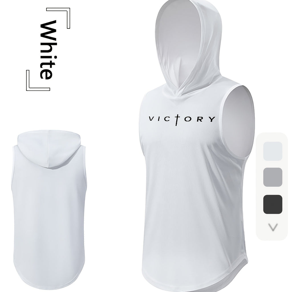 Men'S "Victory" Print Athletic Tank Top - Sleeveless, Breathable & Moisture-Wicking Hooded Vest for Gym, Cycling, Outdoor Sports, Basketball & More - Light Gray, Gym Wear | Hooded Vest | Moisturewicking Fabri
