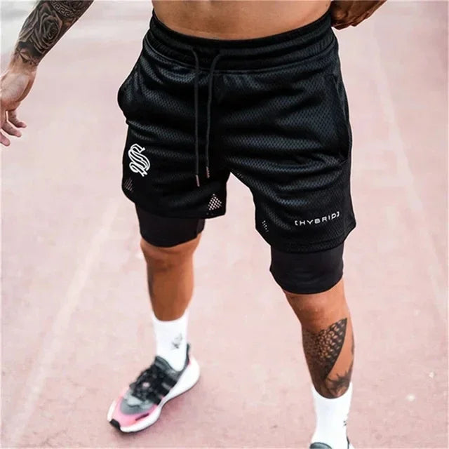 Men's 2-in-1 Mesh Running Shorts – Double-Deck Gym Fitness Short Pants