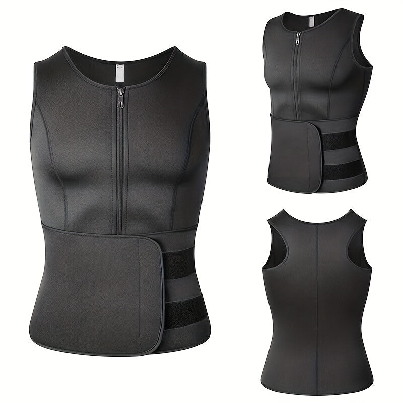 Slim Athletic Mid Stretch Compression Vest - Men's Zip Up Waist Trainer Body Shaper Tank Top For Workout Fitness Gym