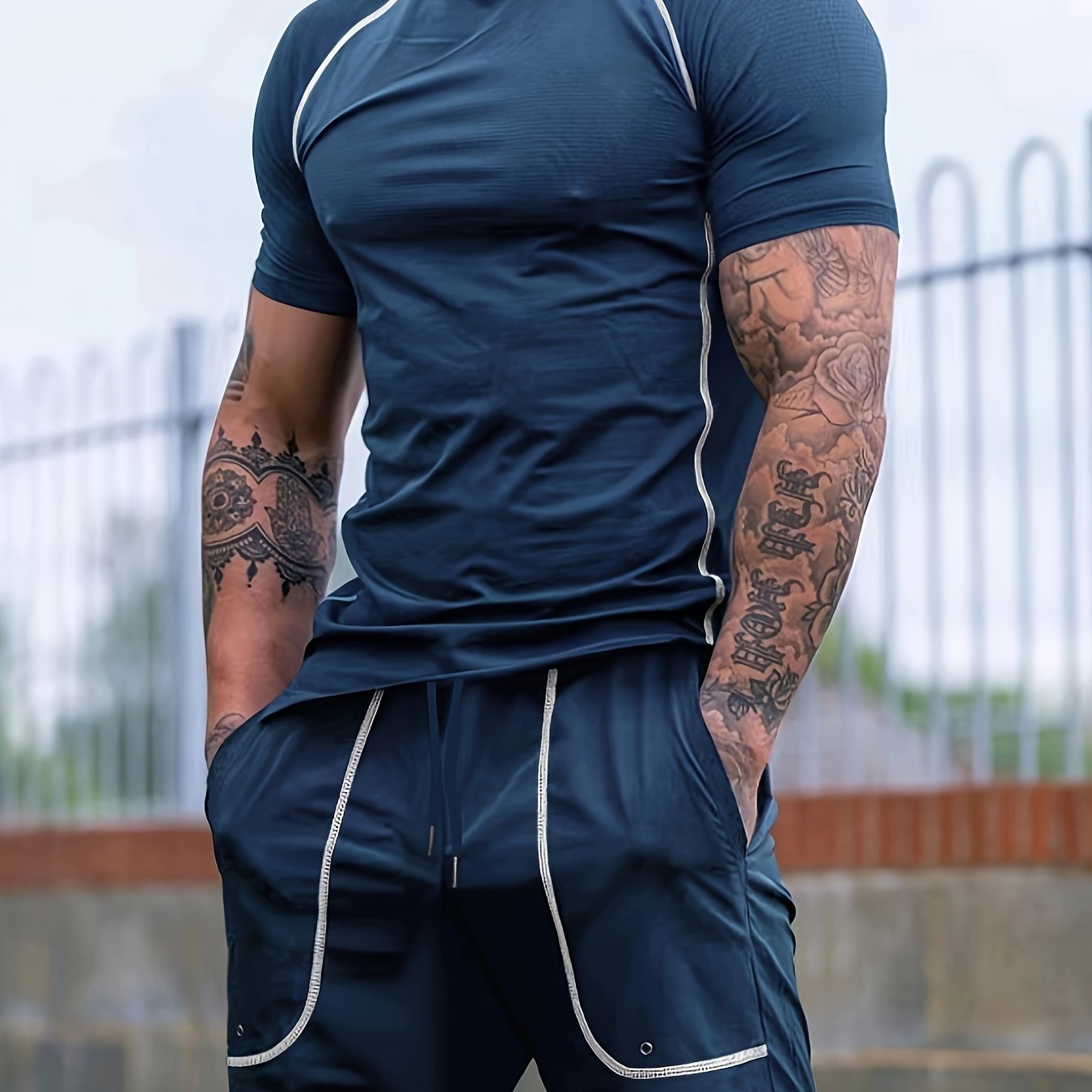 2-Piece Men's Solid Summer Workout Co-ord Set - Quick-Drying, Breathable, Crew Neck T-Shirt & Drawstring Shorts with Pockets, Moisture-Wicking, Lightweight, Comfortable, Perfect for Fitness, Gym, Running, Outdoor Activities