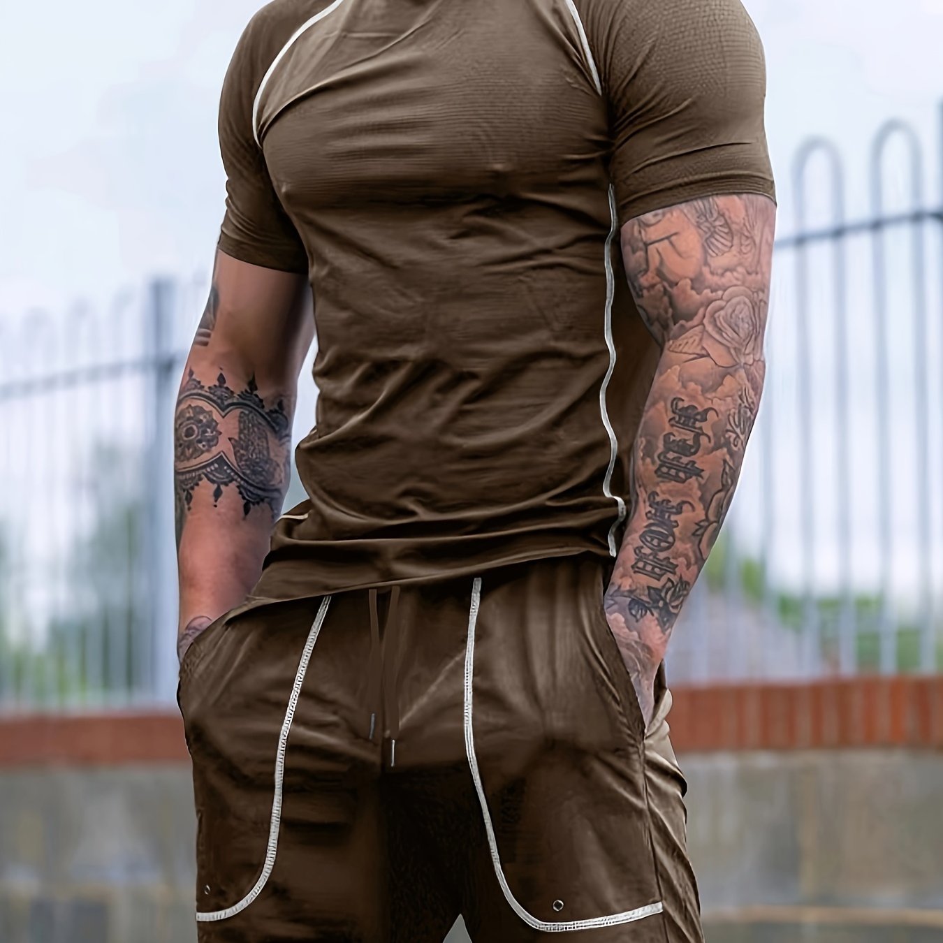 2-Piece Men's Solid Summer Workout Co-ord Set - Quick-Drying, Breathable, Crew Neck T-Shirt & Drawstring Shorts with Pockets, Moisture-Wicking, Lightweight, Comfortable, Perfect for Fitness, Gym, Running, Outdoor Activities