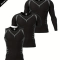 3-piece Men's Gym And Fitness Outfit Set, Men's Tight Active Tank Top + Short Sleeve Round Neck Compression T-shirt + Long Sleeve Quick Drying Top