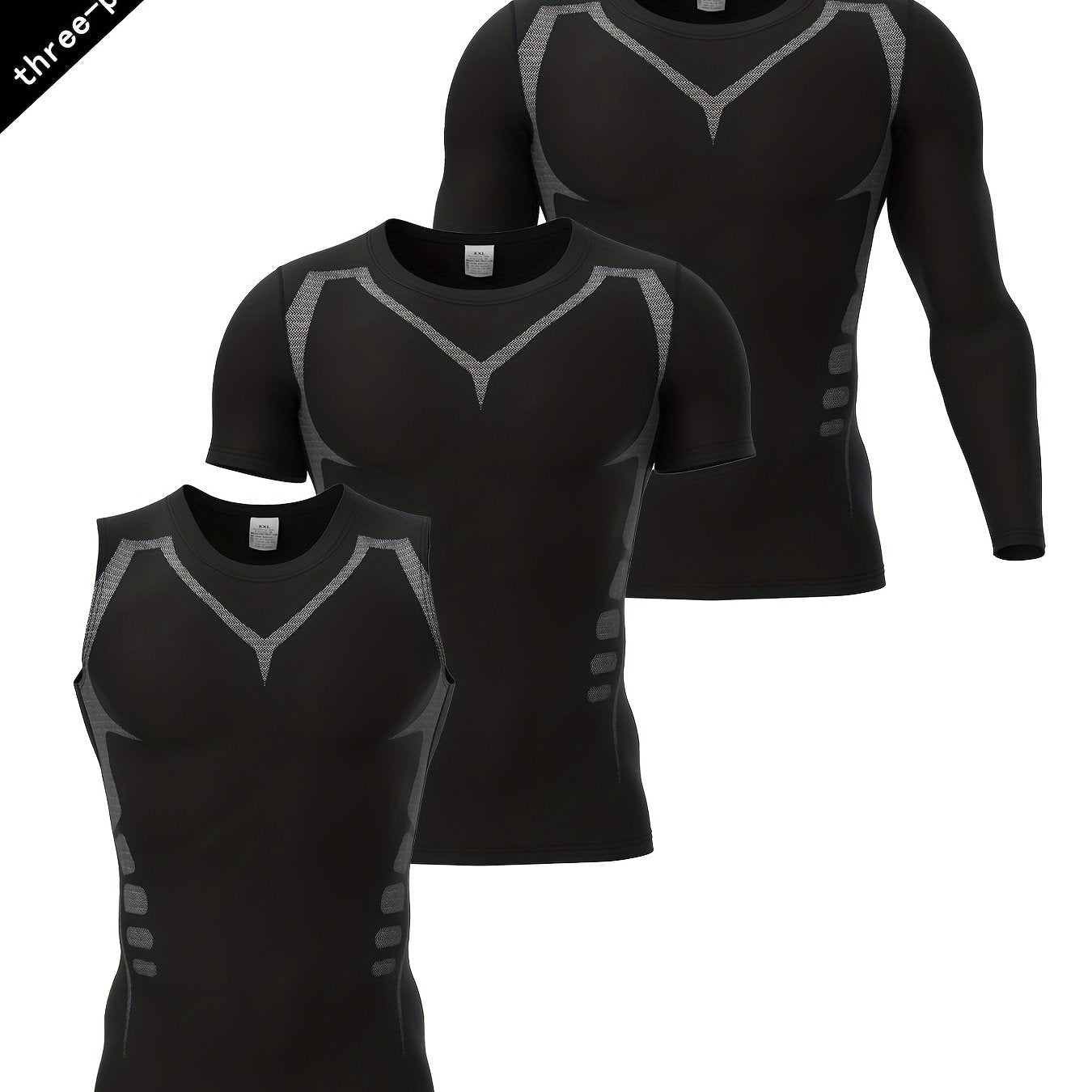 3-piece Men's Gym And Fitness Outfit Set, Men's Tight Active Tank Top + Short Sleeve Round Neck Compression T-shirt + Long Sleeve Quick Drying Top