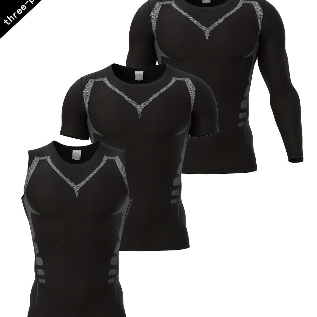 3-piece Men's Gym And Fitness Outfit Set, Men's Tight Active Tank Top + Short Sleeve Round Neck Compression T-shirt + Long Sleeve Quick Drying Top