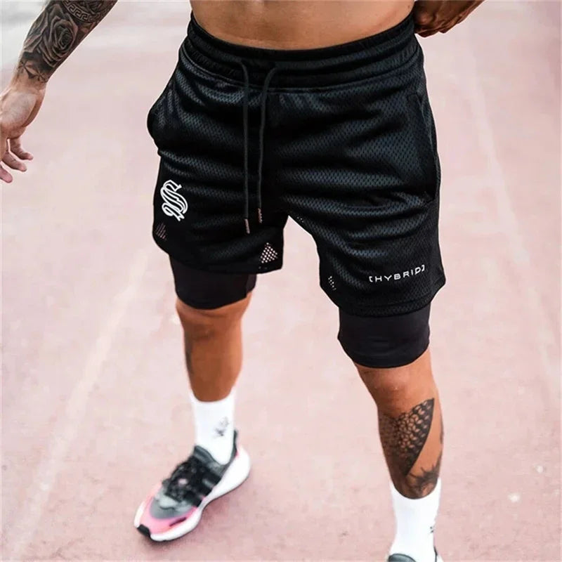 Men's 2-in-1 Mesh Running Shorts – Double-Deck Gym Fitness Short Pants