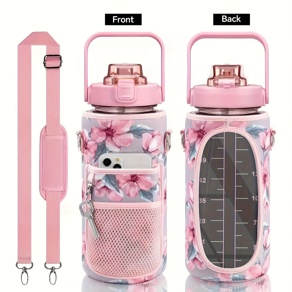 Water Bottle with Sleeve,2L,eaturing a Motivational Design with Straw and Time Stamp.  Sports Bottle for Drinking, Reusable with Insulated Neoprene, a Large Water Jug for Daily Hydrati