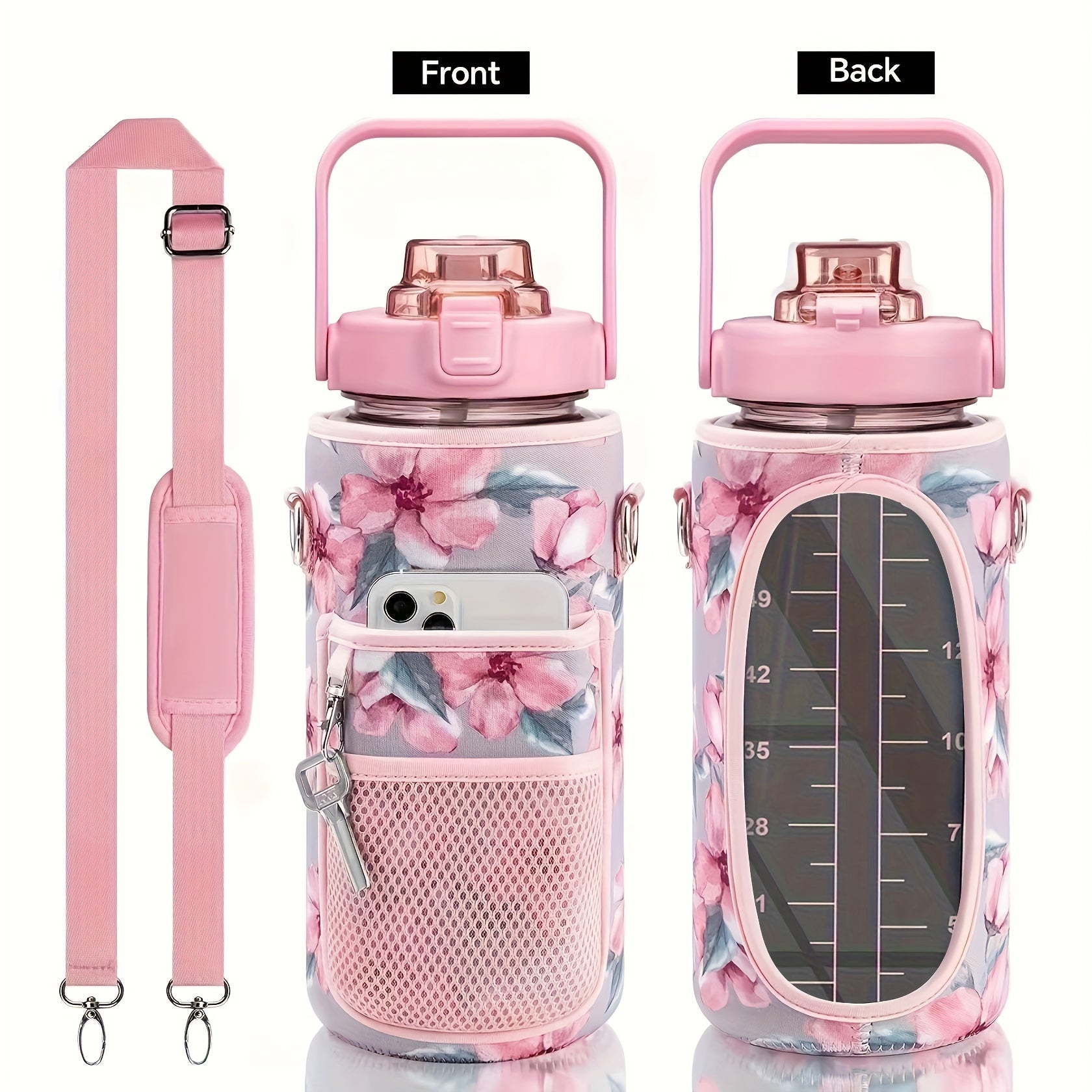 Water Bottle with Sleeve,2L,eaturing a Motivational Design with Straw and Time Stamp.  Sports Bottle for Drinking, Reusable with Insulated Neoprene, a Large Water Jug for Daily Hydrati