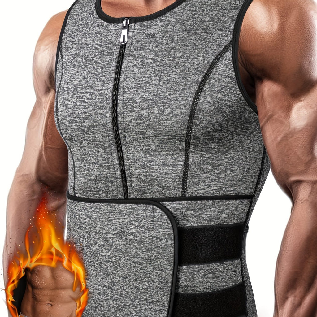 Slim Athletic Mid Stretch Compression Vest - Men's Zip Up Waist Trainer Body Shaper Tank Top For Workout Fitness Gym