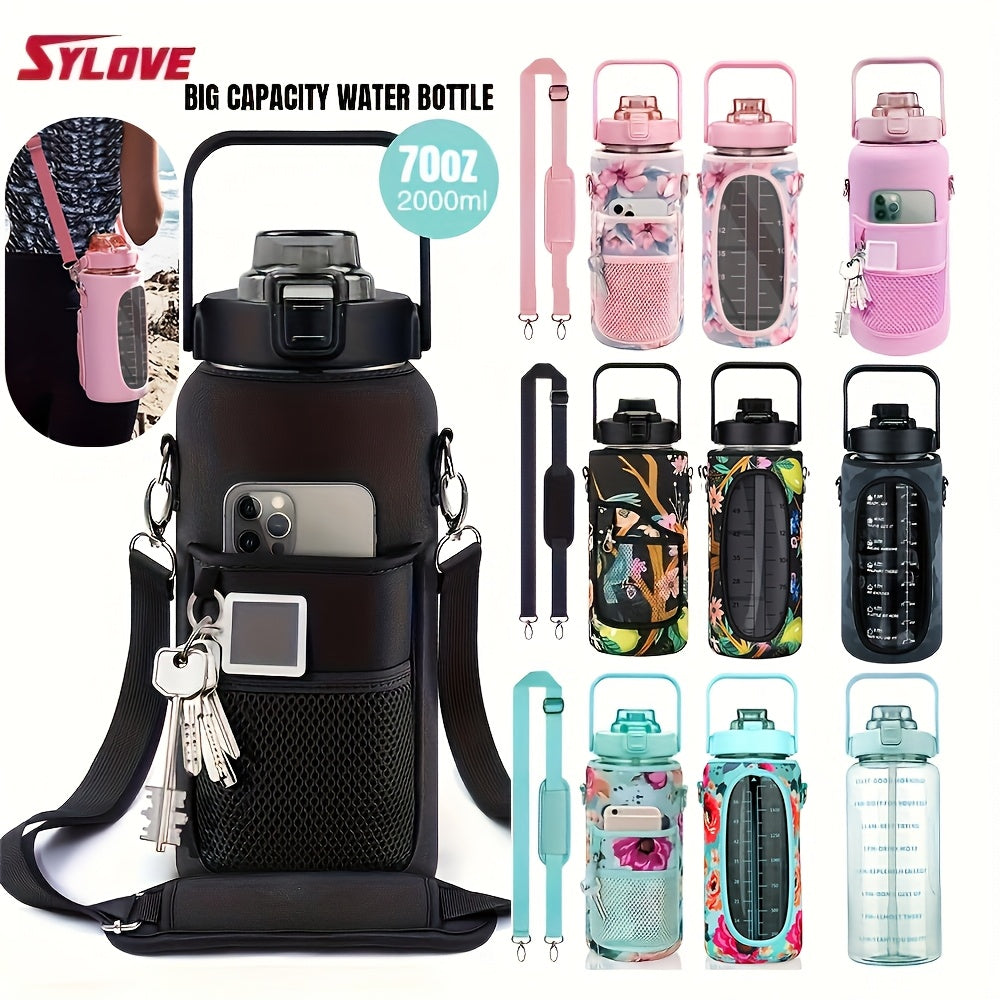 Water Bottle with Sleeve,2L,eaturing a Motivational Design with Straw and Time Stamp.  Sports Bottle for Drinking, Reusable with Insulated Neoprene, a Large Water Jug for Daily Hydrati