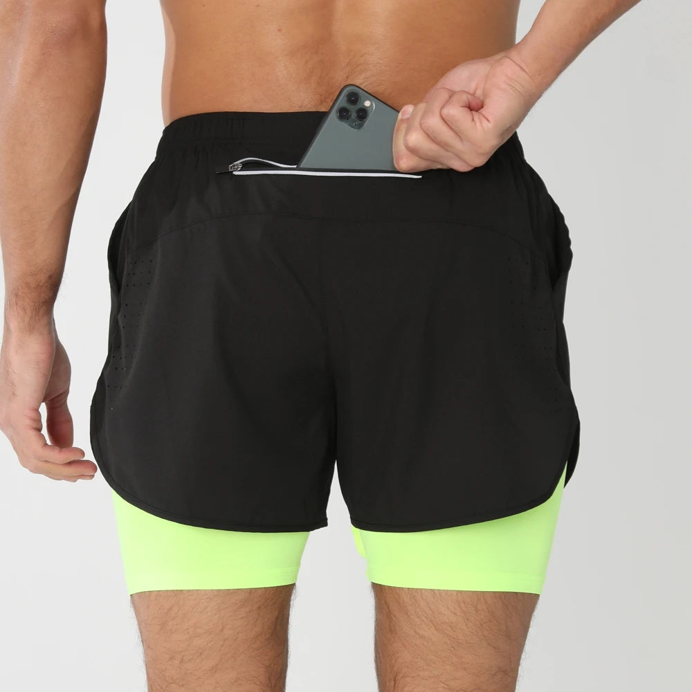 New men's running double-layer shorts quick-drying fitness 2-in-1 shorts men's sports workout training bodybuilding shorts male
