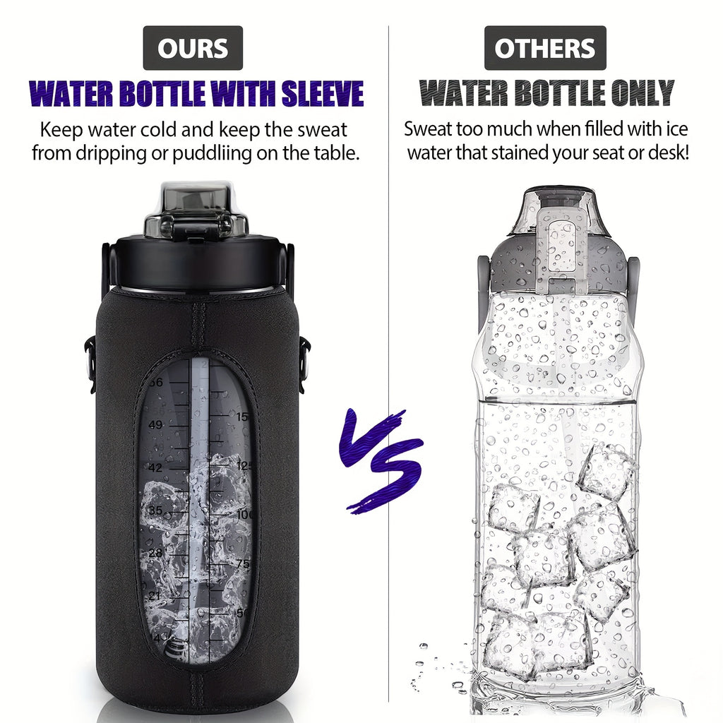 Water Bottle with Sleeve,2L,eaturing a Motivational Design with Straw and Time Stamp.  Sports Bottle for Drinking, Reusable with Insulated Neoprene, a Large Water Jug for Daily Hydrati