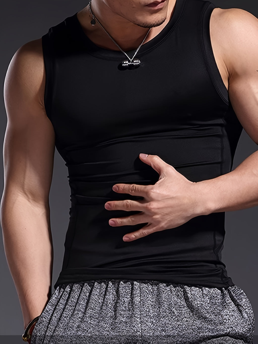 Men's Sleeveless Tank Top, Basic Solid Compression Fit Vest, Athletic Workout Muscle Gym Tops, Breathable Quick-Dry Tops