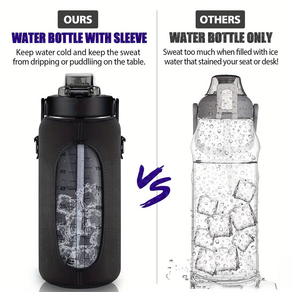 Water Bottle with Sleeve,2L,eaturing a Motivational Design with Straw and Time Stamp.  Sports Bottle for Drinking, Reusable with Insulated Neoprene, a Large Water Jug for Daily Hydrati