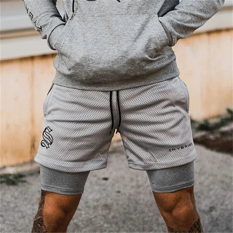 Men's 2-in-1 Mesh Running Shorts – Double-Deck Gym Fitness Short Pants