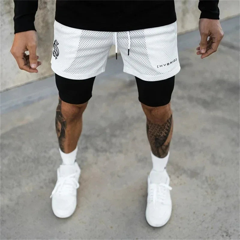 Men's 2-in-1 Mesh Running Shorts – Double-Deck Gym Fitness Short Pants