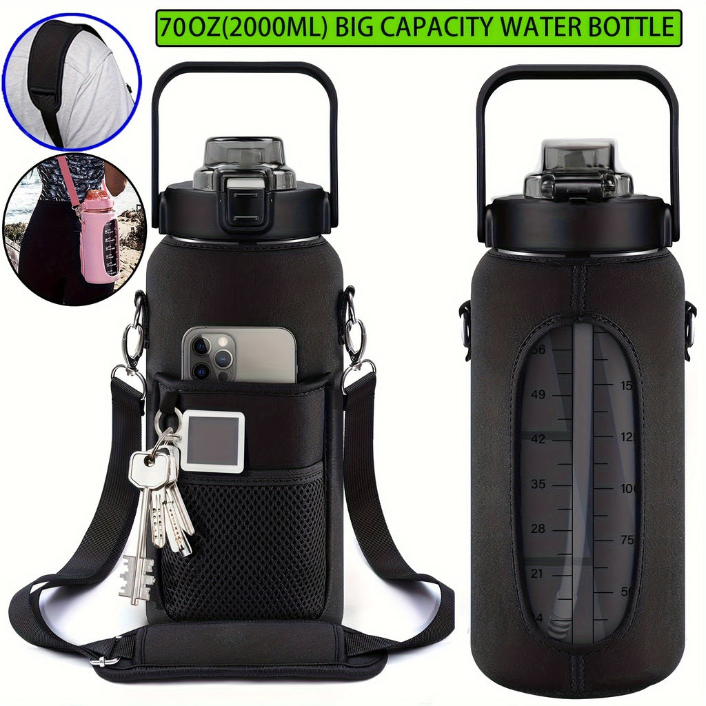 Water Bottle with Sleeve,2L,eaturing a Motivational Design with Straw and Time Stamp.  Sports Bottle for Drinking, Reusable with Insulated Neoprene, a Large Water Jug for Daily Hydrati