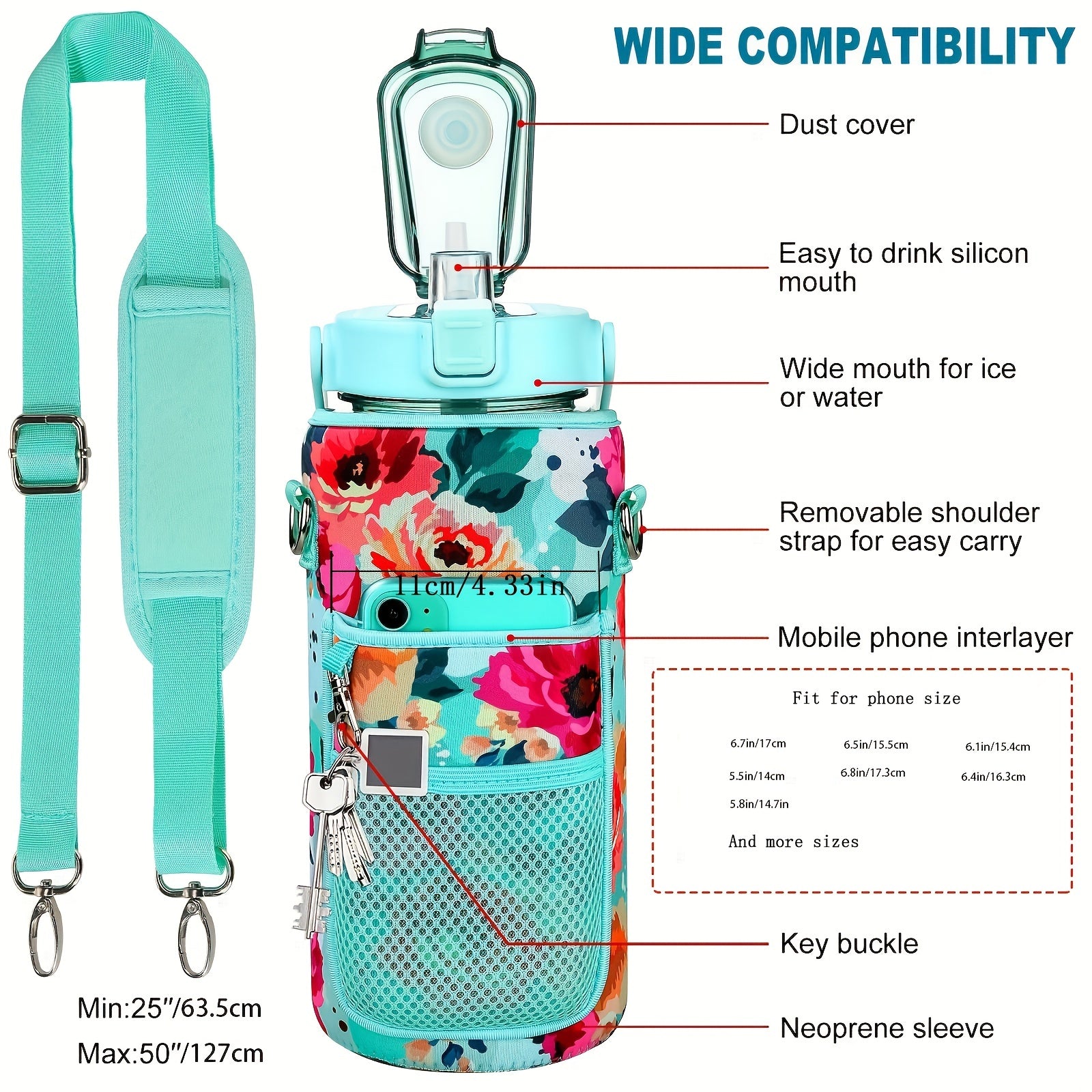 Water Bottle with Sleeve,2L,eaturing a Motivational Design with Straw and Time Stamp.  Sports Bottle for Drinking, Reusable with Insulated Neoprene, a Large Water Jug for Daily Hydrati